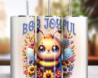 Bee Joyful 20oz Skinny Tumbler Sublimation Artwork Digital Download PNG 300dpi Cute Bumblebee Bug Insect Lover Tumbler DIY Wrap #1