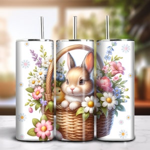 Osterhasenkorb 20oz Skinny Tumbler Nahtloses Sublimationsdesign Sofortiger Download PNG 300dpi DIY Tumbler Wrap Niedliches Kaninchen-Print-Design