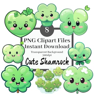 Lindo paquete de imágenes prediseñadas de trébol conjunto de 8 archivos PNG de imágenes prediseñadas Kawaii Shamrocks Trébol de cuatro hojas Día de San Patricio Suerte de los gráficos irlandeses