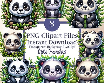 Lindo pandas clipart paquete conjunto de 8 archivos de imágenes prediseñadas oso bambú dibujos animados animales ilustraciones adorables kawaii chino panda scrapbook imágenes