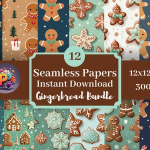 Gingerbread Digital Paper, Printable Background, Scrapbook Papers, 12x12 Seamless Pattern Set Of 12, Instant Download, Christmas, Cookies