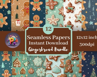 Lebkuchen, digitales Papier, druckbarer Hintergrund, Scrapbook-Papiere, 12 x 12 nahtloses Muster Set von 12, sofortiger Download, Weihnachten, Kekse