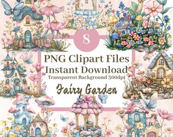Feengarten Clipart Bundle-Set mit 8 PNG transparenten Hintergrund Dateien Fantasy Floral Pastel Blumen Grafiken Scrapbook Bilder