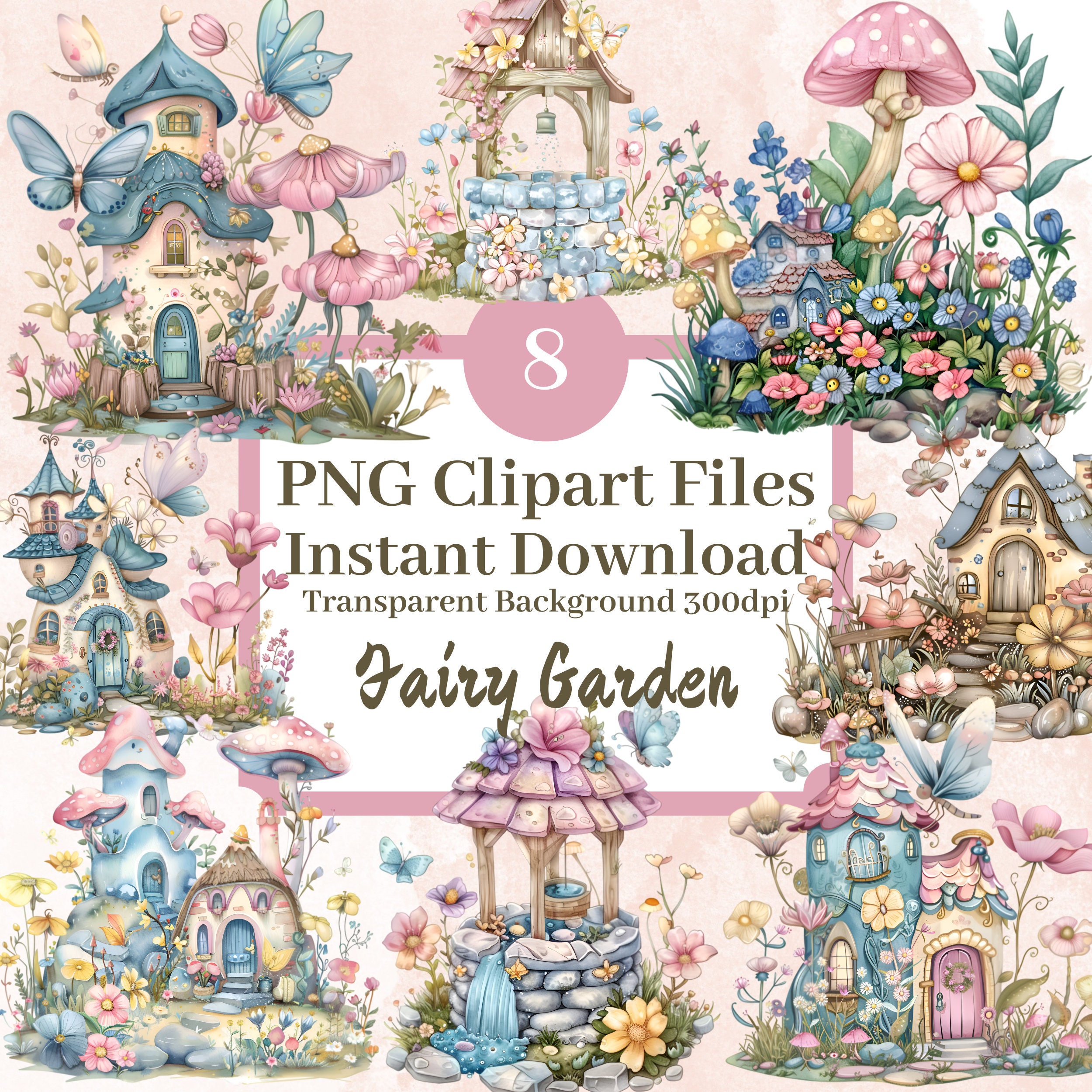 Fairy Garden Clipart Bundle Set of 8 PNG Transparent Background Files ...