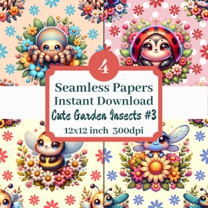 May include: Four digital seamless patterns featuring cute cartoon insects in a garden setting. The insects include a spider, ladybug, bee, and dragonfly. Each pattern is 12x12 inches and 300dpi.