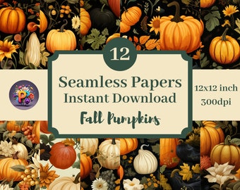 Fall Pumpkins Digital Paper, Printable Background, Scrapbook Papers, 12x12 Seamless Pattern Set Of 12, Instant Download, Thanksgiving