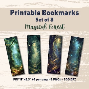 Printable Bookmarks Set of 8 Digital Download 11x8.5 PDF and Separate PNGs Great For Sublimation Designs Book Lover Magical Forest