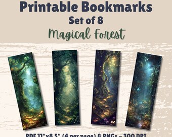 Printable Bookmarks Set of 8 Digital Download 11x8.5 PDF and Separate PNGs Great For Sublimation Designs Book Lover Magical Forest
