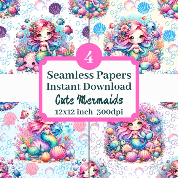 Cute Mermaids 12x12 Seamless Pattern Digital Paper Printable Background Scrapbook Papers Set Of 4 Instant Download Ocean Sea Turtle Graphics
