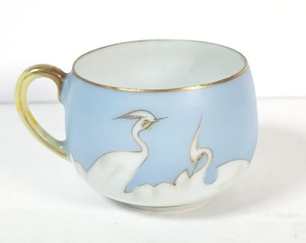 Tazza da tè di ricambio vintage giapponese in porcellana color guscio d'uovo con gru blu cielo