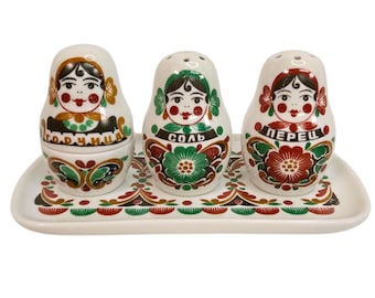 Ensemble de condiments Gardner Verbilki Matryoshka, plateau vintage art populaire russe sel poivre moutarde
