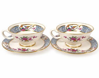 Vintage Lenox Ming P-16 Footed Teacups & Saucers Set of 2 Bird Floral Gold USA