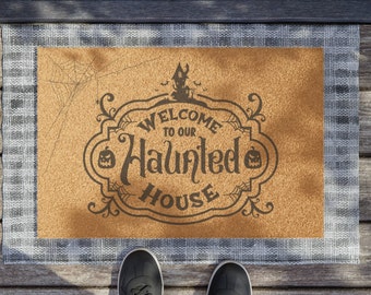 Welkom in ons gejaagde huis Kokosmat, Halloween Decor, Voordeurmat, Seizoensplezier