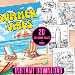 Kolorowanka Summer Vibes, kolorowanki na plaży, kolorowanki dla dorosłych, muszle, deski surfingowe, zajęcia na świeżym powietrzu, delfiny, hamaki
