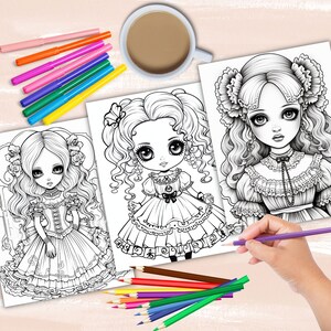 Gothic Dolls coloring book, gothic anime girl fashion coloring pages, anime coloring, manga coloring, instant digital download PDF printable coloring sheets