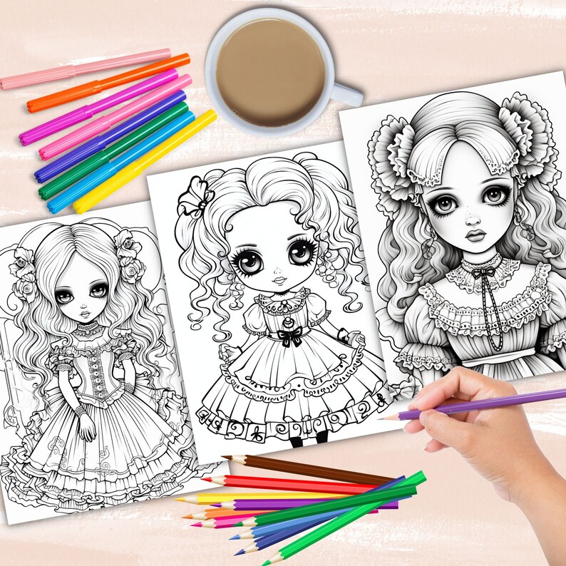Gothic Dolls coloring book, gothic anime girl fashion coloring pages, anime coloring, manga coloring, instant digital download PDF printable coloring sheets