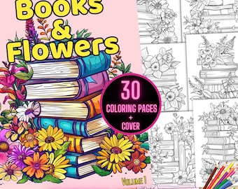 Book Lovers Coloring Book, Floral Book Stacks Coloring Sheets, Books and Flowers Printable Coloring Pages, Flower Bookstack Coloring Pages