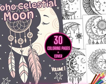 Boho Celestial Moon Coloring Book, Moon Mandala Coloring Sheets, Celestial Coloring Pages, Minimalist Celestial Moon Face Boho Coloring Book