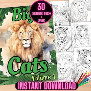 大型ネコ科動物のぬり絵、ジャングルネコ科動物のぬり絵、サファリ動物のぬり絵、印刷可能な野生ネコ科動物のぬり絵、ライオンのぬり絵