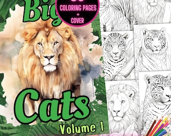 Libro para colorear de grandes felinos, páginas para colorear de gatos de la jungla, páginas para colorear de animales de safari, hojas para colorear de gatos salvajes para imprimir, libro para colorear de leones
