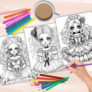 Gothic Dolls coloring book, gothic anime girl fashion coloring pages, anime coloring, manga coloring, instant digital download PDF printable coloring sheets