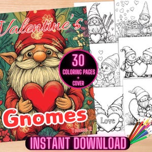 Valentines Gnomes Coloring Pages, Cute Gnome Valentines Coloring Book, Valentines Day Gnome Coloring Sheets, Holiday Gnomes Coloring Book