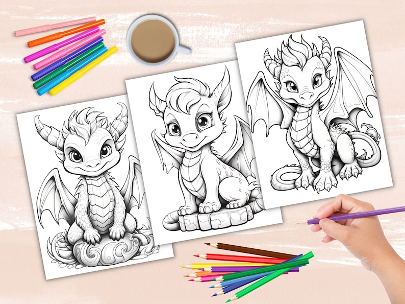 Little Dragon Coloring Pages Fantasy Coloring Book Grayscale - Etsy
