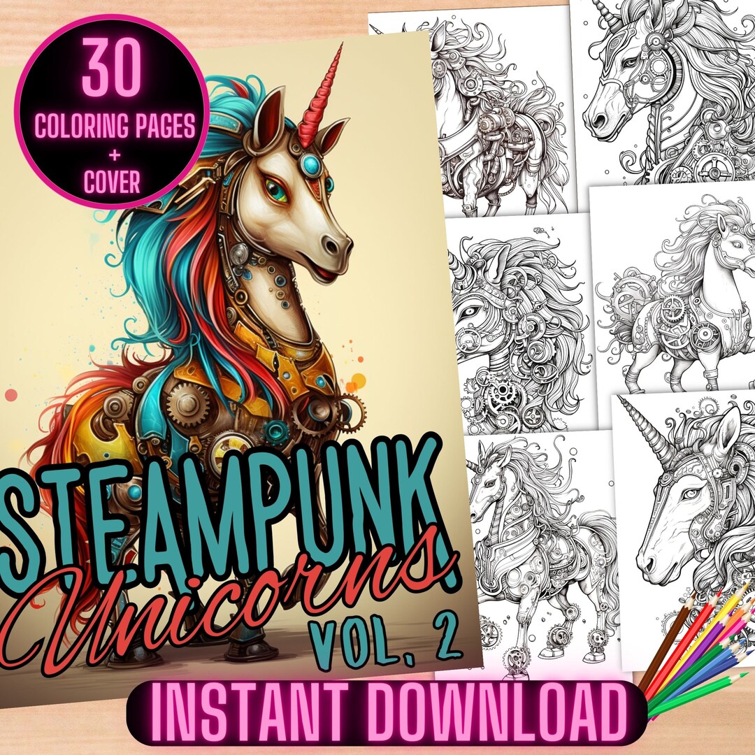 Steampunk Unicorn Coloring Book, Grayscale Unicorn Adult Coloring Pages ...