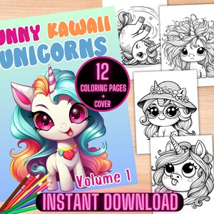 Unicorns Coloring Book, Funny Kawaii Unicorn Coloring Pages, Cute Kawaii Unicorn Coloring Book, Printable Kawaii Bold and Easy Coloring Book