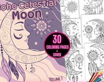 Boho Celestial Moon Coloring Book, Printable Boho Moon Dreamcatcher Coloring Sheets, Minimalist Celestial Moon Face Mandala Coloring Pages