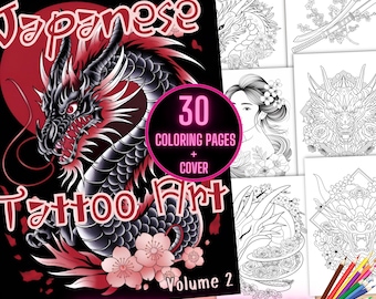 Japanese Tattoo Coloring Book, Japanese Tattoo Art Coloring Book, Dragon Art Tattoo Coloring Pages, Asian Tattoo Body Art Coloring Sheets