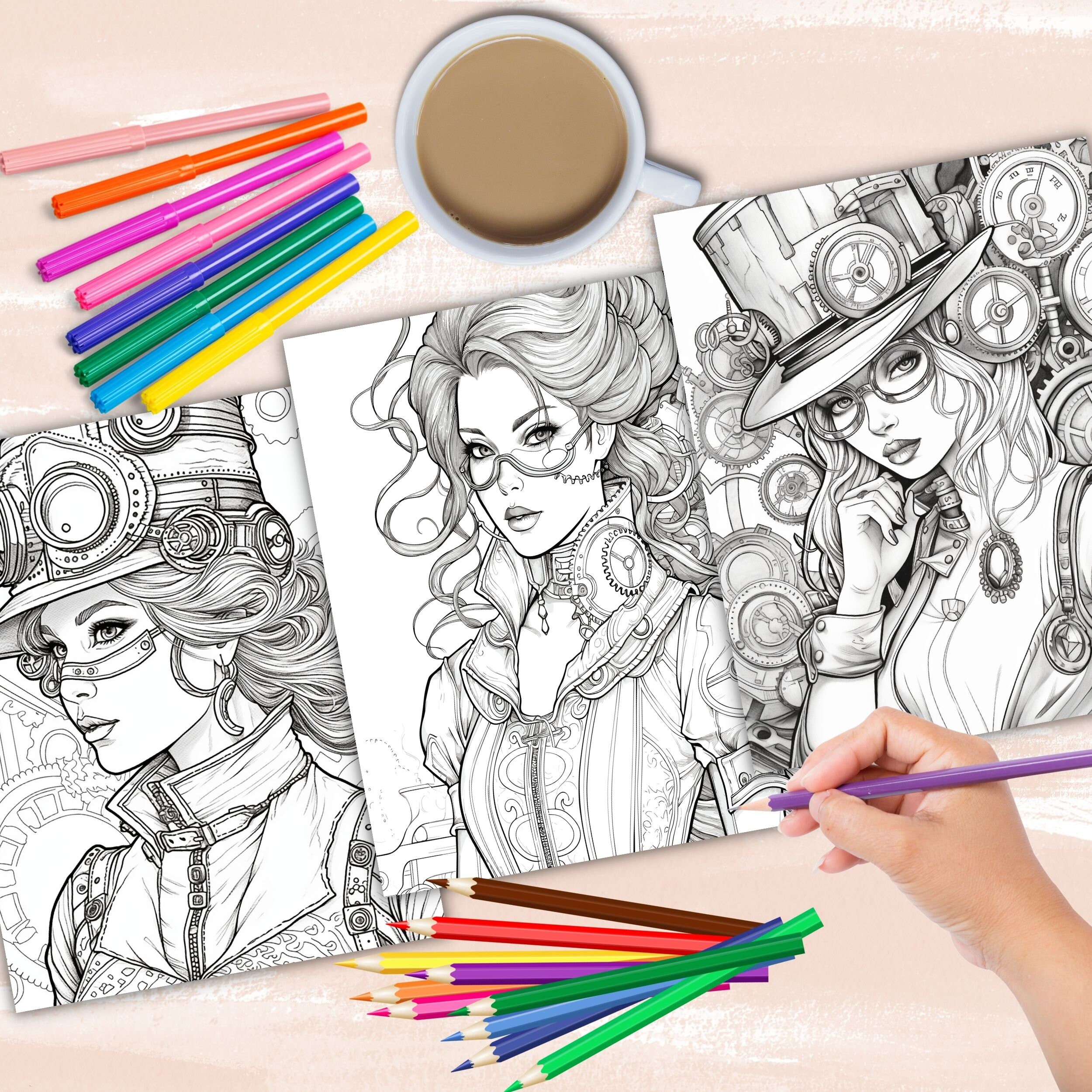 Steampunk Gothic Coloring Book, Steampunk Fashion Coloring Pages ...