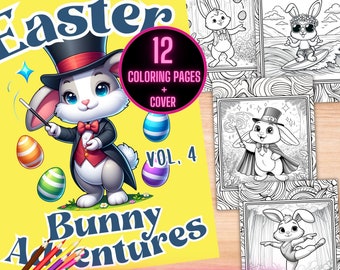 May include: A colouring book cover featuring a cartoon bunny rabbit dressed as a magician, holding a wand and surrounded by Easter eggs. The title is "Easter Bunny Adventures" and the text "12 Colouring Pages + Cover Vol. 4" is also included. The cover is yellow with a pink, purple, and blue colour scheme.