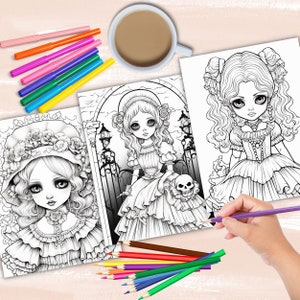 Gothic Dolls coloring book, gothic anime girl fashion coloring pages, anime coloring, manga coloring, instant digital download PDF printable coloring sheets