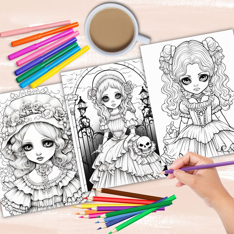 Gothic Dolls coloring book, gothic anime girl fashion coloring pages, anime coloring, manga coloring, instant digital download PDF printable coloring sheets
