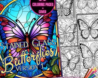 May include: A digital download of 30 coloring pages featuring stained glass butterflies. The cover image shows a colorful butterfly with stained glass details. The text "STAINED GLASS Butterflies VERSION 1" is visible on the cover.