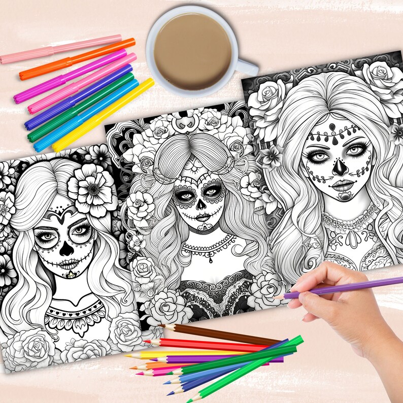 Sugar Skull Girls Coloring Pages, Day of the Dead Coloring Book, Dia De ...