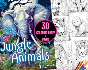 Jungledieren kleurboek, dieren safari kleurplaat, afdrukbare wilde dieren kleurplaten, kleurboek leeuw, kleurboek olifant, afdrukbare wilde dieren, kleurboek dieren