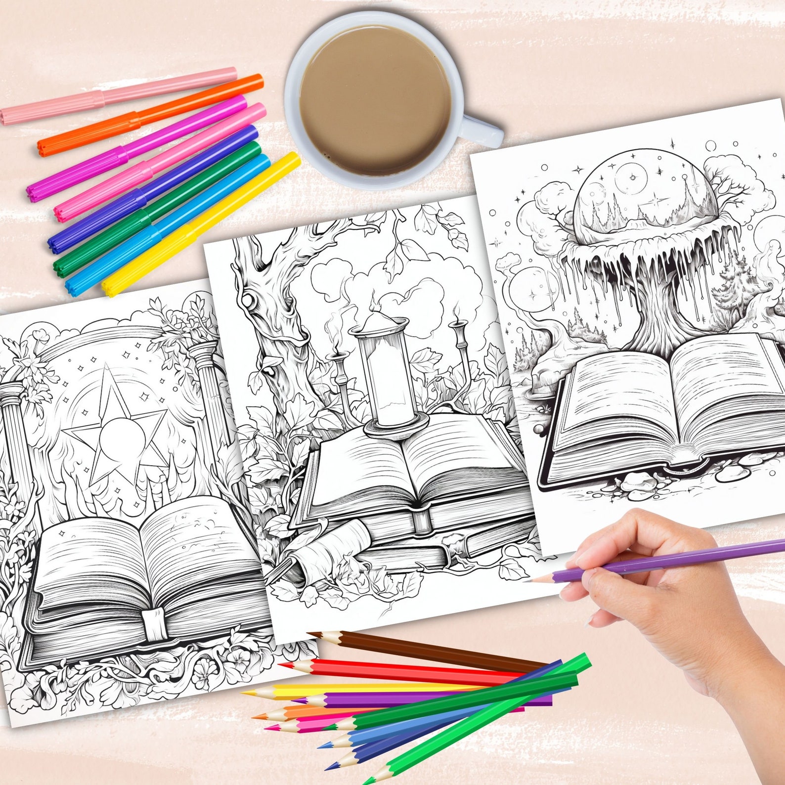 Spells and Grimoires Coloring Pages, Open Magic Book Coloring Book ...
