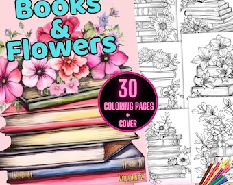 Books and Flowers Coloring Pages, Floral Book Stacks Coloring Sheets, Printable Book Lover Floral Coloring Pages, Book Lovers Coloring Book