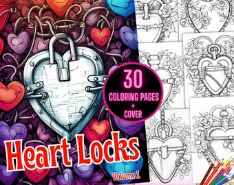 Herz Locks Malbuch, Florale Herz Malseiten, Valentinstag Malbuch, Valentinstag Herz Vorhängeschloss Malvorlage, Herz Blumen