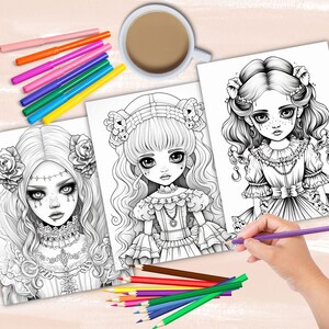 Gothic Dolls coloring book, gothic anime girl fashion coloring pages, anime coloring, manga coloring, instant digital download PDF printable coloring sheets