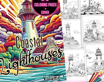 Coastal Lighthouses Coloring Book, Beach Lighthouse Coloring Page, Nautical Coloring Book, Landscape Coloring Pages, Seascapes Coloring Book