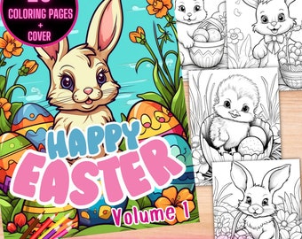 Happy Easter Coloring Book, Easter Bunny Coloring Pages, Printable Easter Coloring Sheets, Grayscale Easter Coloring Book for Adults