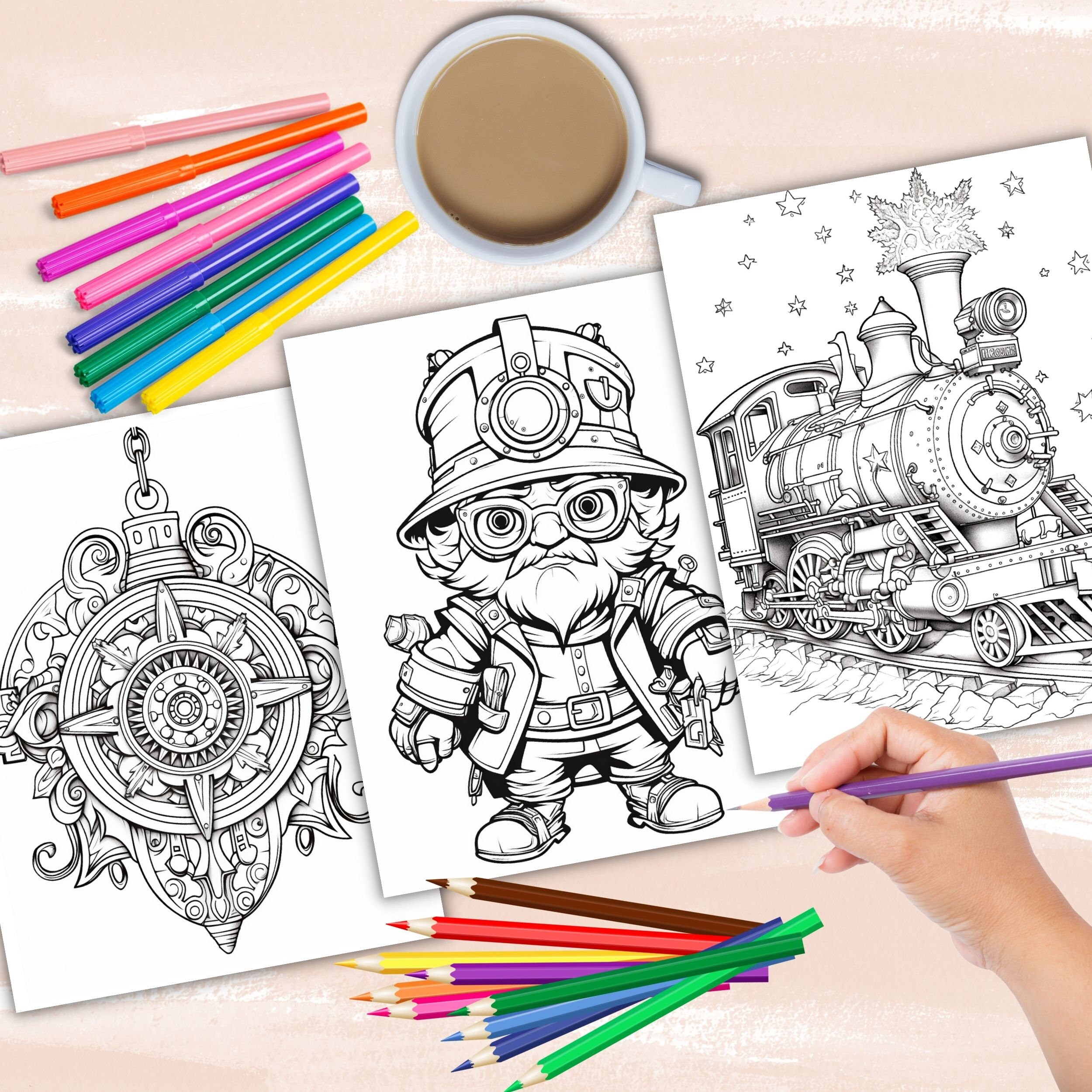 Steampunk Christmas Coloring Book, Christmas Trains Coloring, Clockwork ...