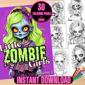 Zombies Coloring Book, Zombie Girls Coloring Pages, Zombie Horror Adult Coloring Sheets, Grayscale Zombie Girl Halloween Coloring Pages