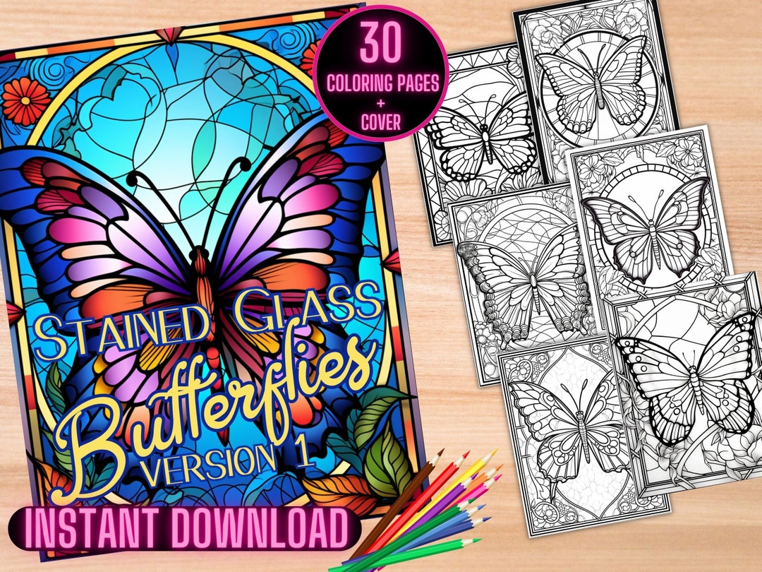 Stained Glass Butterflies Coloring Book Butterfly Coloring Etsy