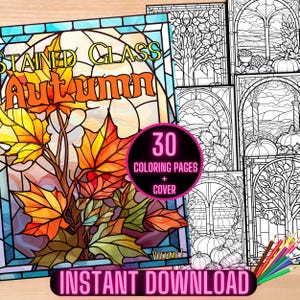 Stained Glass Autumn Coloring Book, Fall Landscapes Coloring Pages, Fall Foliage Coloring Book, Autumn Harvest Coloring for Adults and Teens