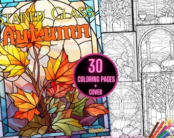Könnte beinhalten: Ein Einband für ein Malbuch im Stil von Buntglas mit einem farbenfrohen Herbstlaub-Design und dem Text "STAINED GLASS Autumn" und "30 COLORING PAGES + COVER". Der Einband enthält auch den Text "VOLUME 1" und "INSTANT DOWNLOAD".