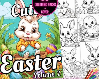 May include: A coloring book with a cute cartoon bunny rabbit holding an Easter egg. The book cover says "Cute Easter Volume 2" and "30 Coloring Pages + Cover". The book is for instant download.